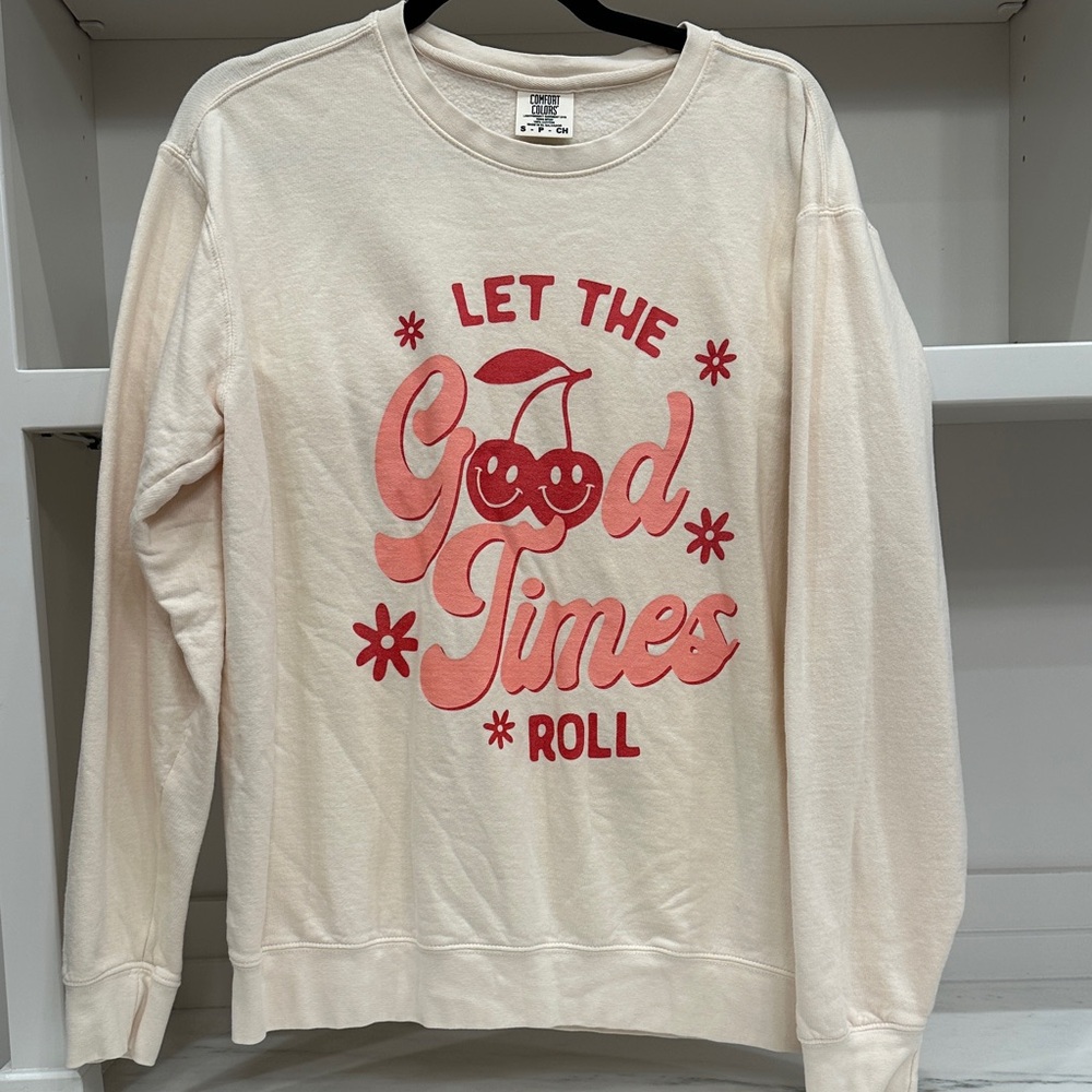 Comfort Colors small cream sweatshirt. Let the 
Good Times Roll Logo. Like new